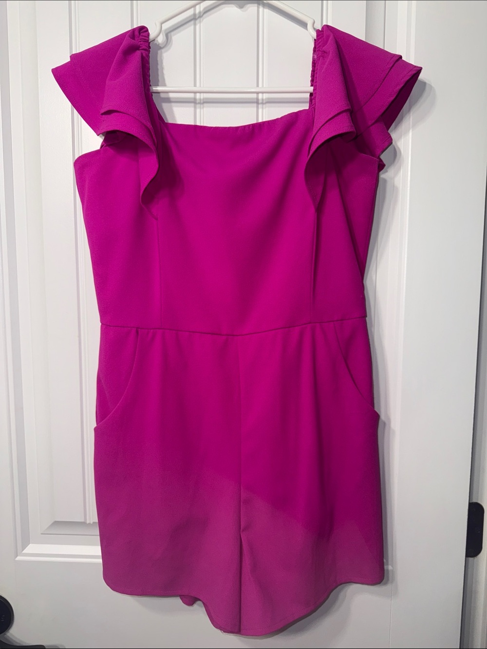 She + Sky Romper with Ruffle Sleeves, Square Neck, & Pockets Med Fushia Pink
